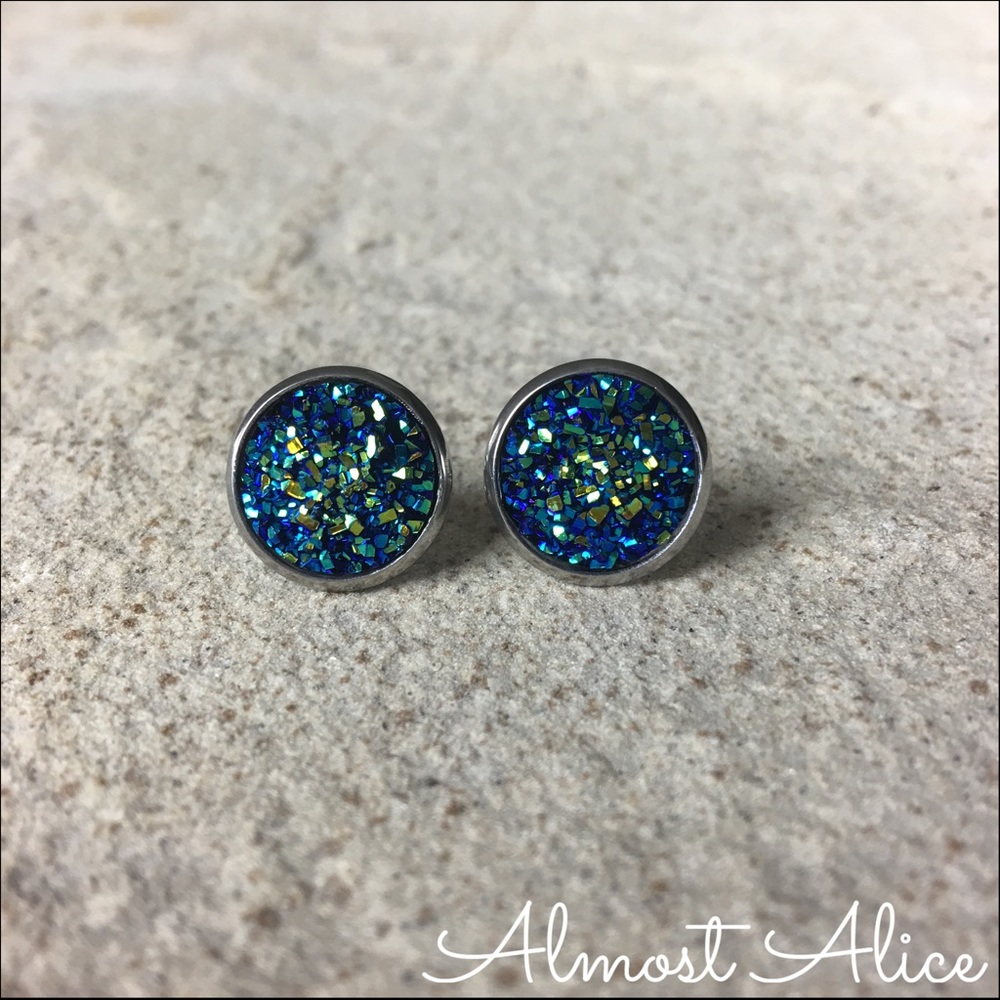 Large Round Druzy Stud Earrings-Blue Green (1 pr.)